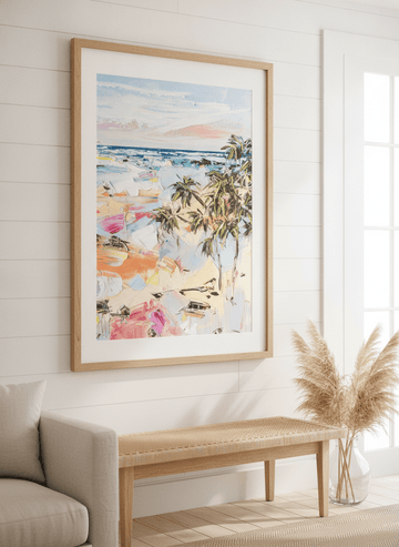 Neutral wall art displayed in a sunny coastal beach house