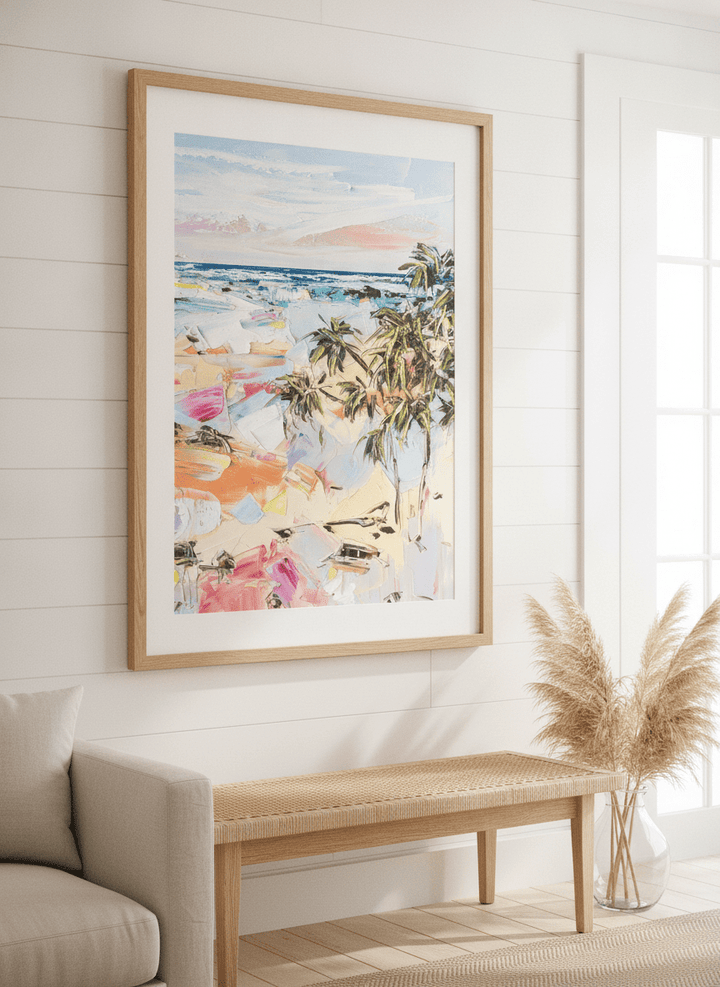 Neutral wall art displayed in a sunny coastal beach house