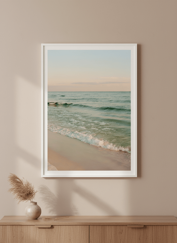 Minimalist artwork displayed in a calm, light-filled bedroom interior