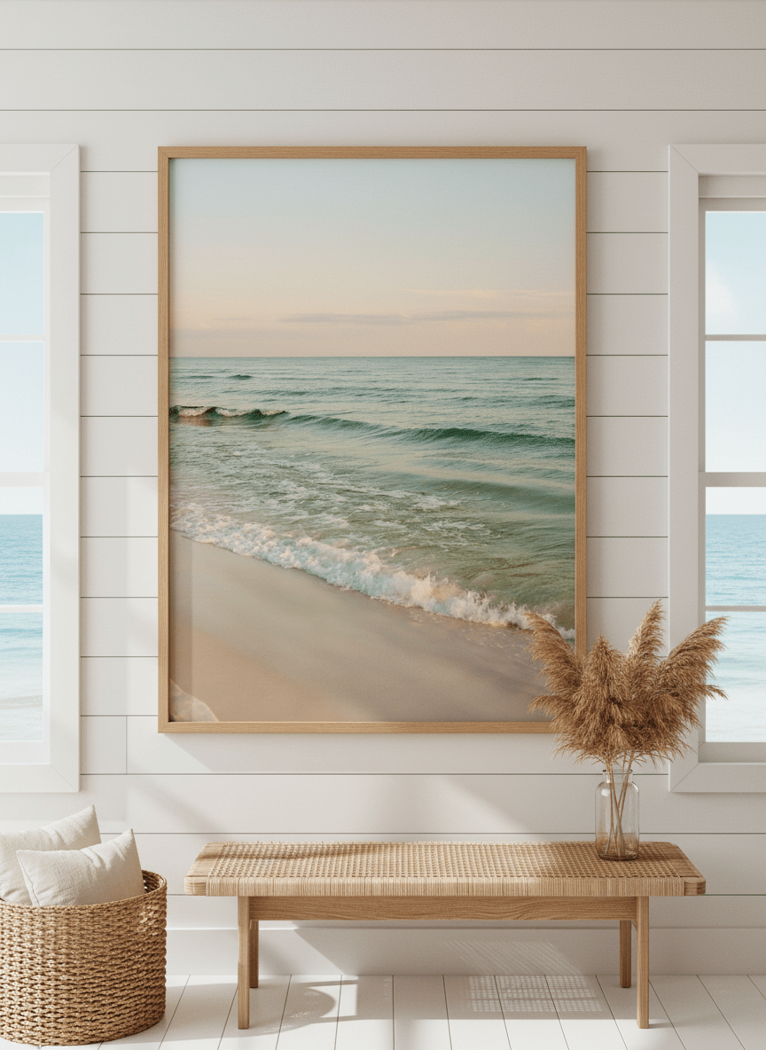 Neutral wall art displayed in a sunny coastal beach house
