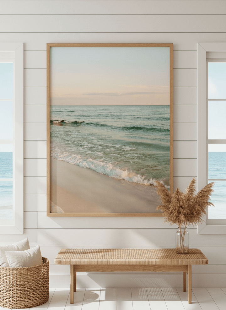Neutral wall art displayed in a sunny coastal beach house