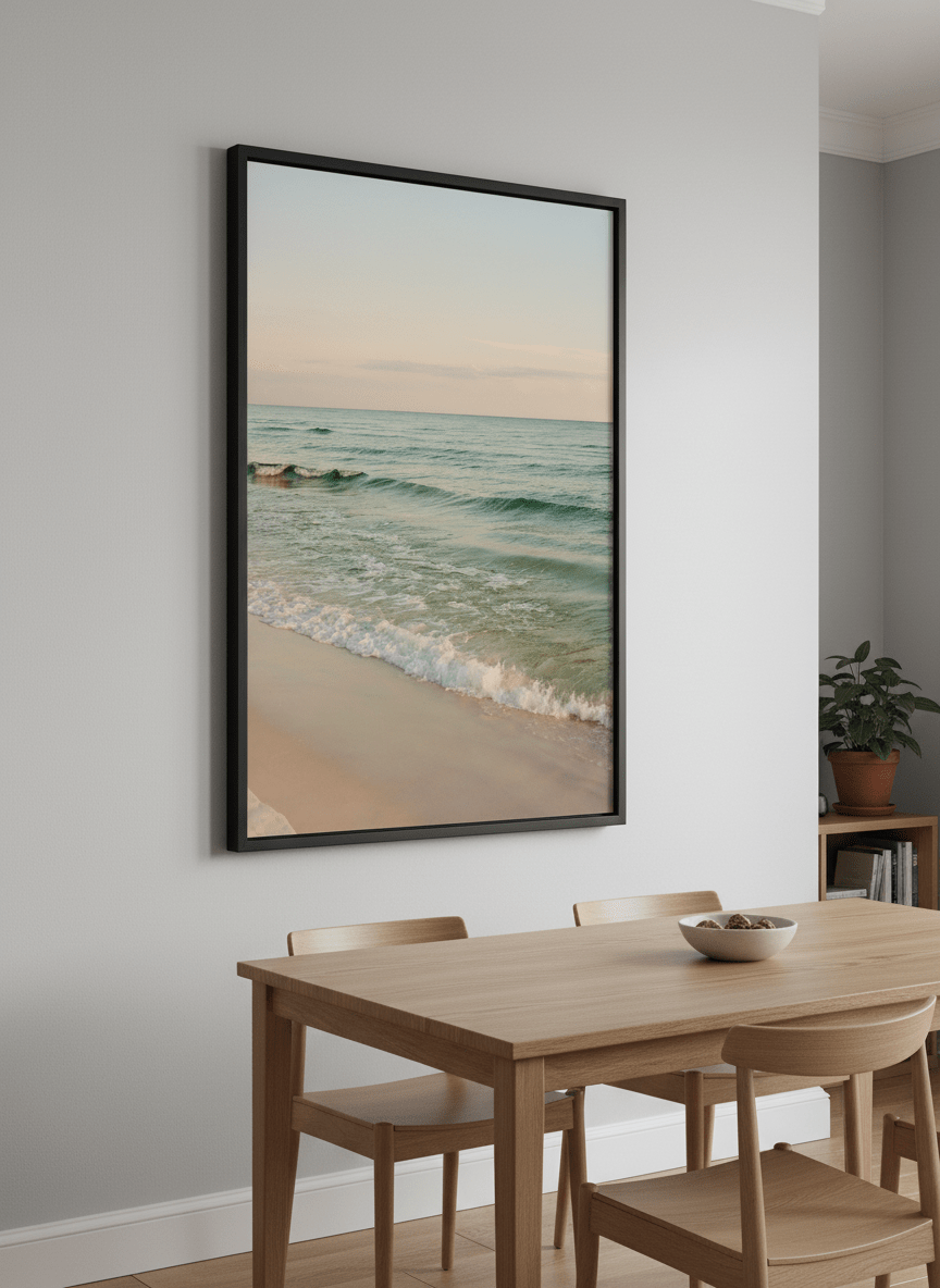 Wall art styled above a dining table in a contemporary home