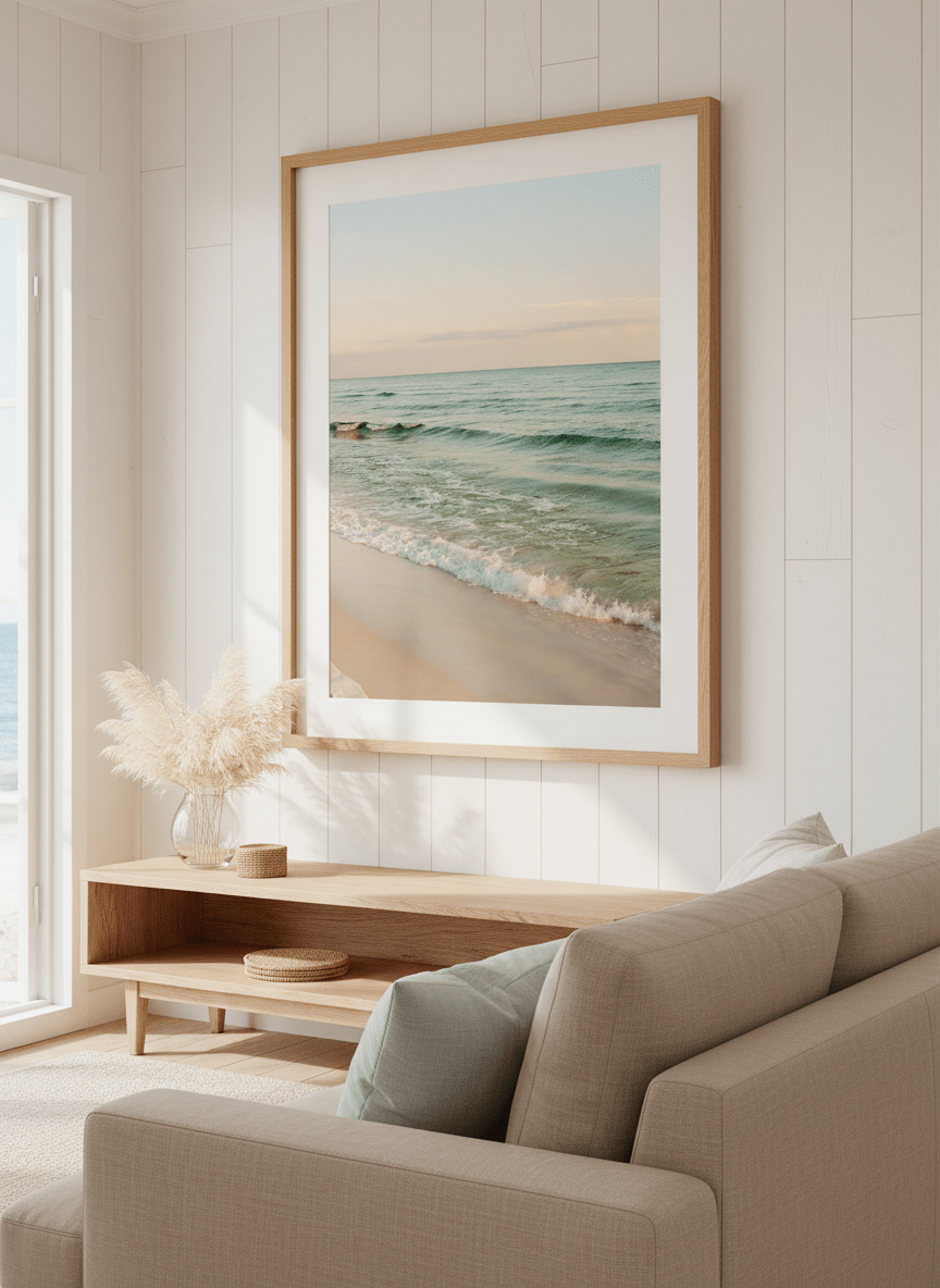 Neutral wall art displayed in a sunny coastal beach house