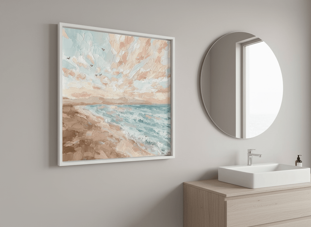 Modern print displayed in a clean minimalist bathroom setting