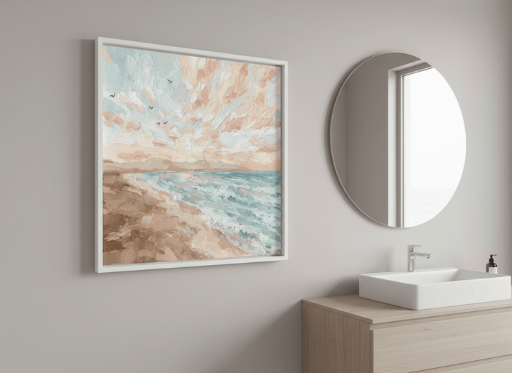 Modern print displayed in a clean minimalist bathroom setting