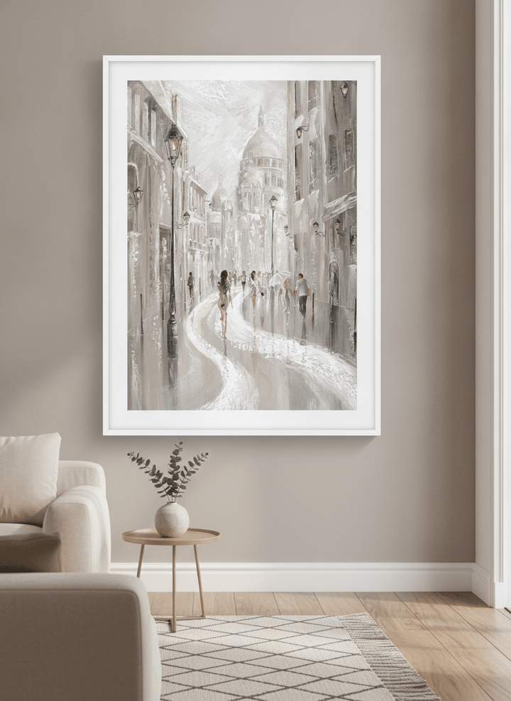 Modern wall art styled above a sofa in a neutral living room