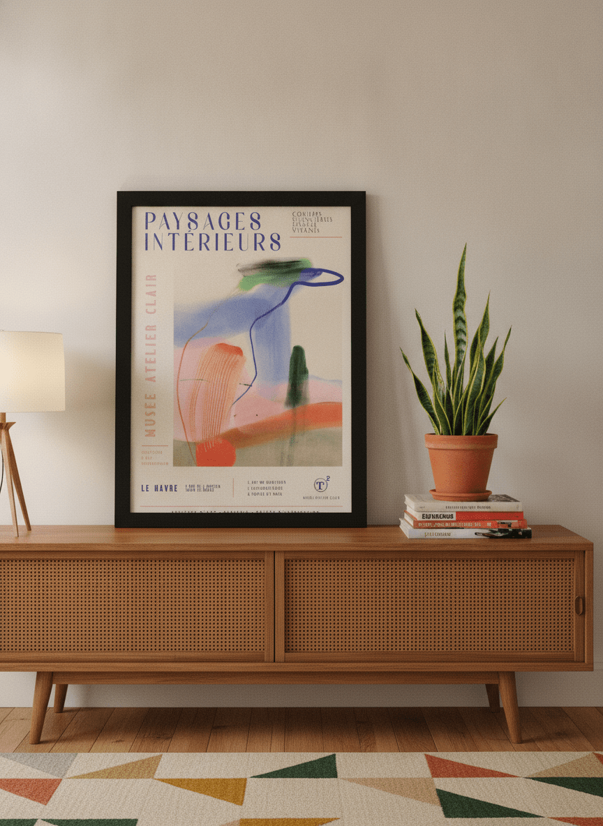 Modern wall art print standing on a sideboard in a mid-century home office