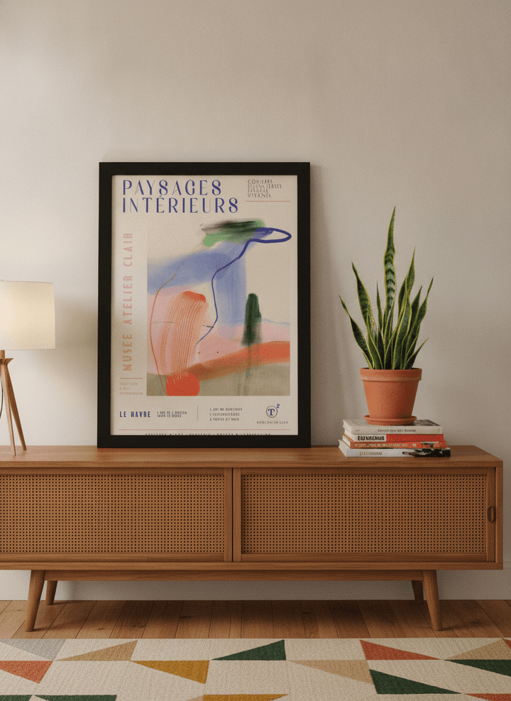 Modern wall art print standing on a sideboard in a mid-century home office