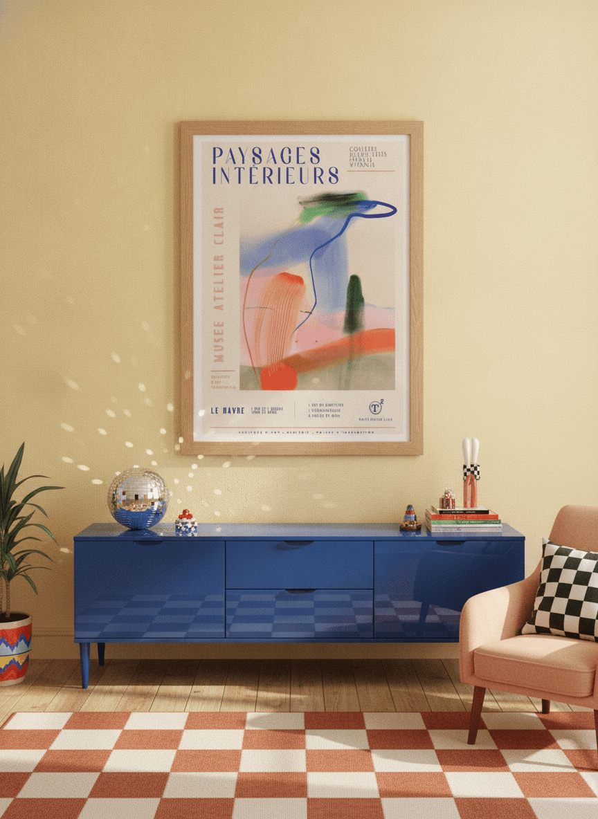 Modern wall art print styled on the wall in a colourful eclectic living room