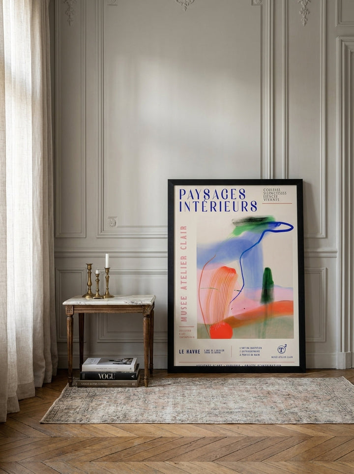 Modern wall art print leaning against the wall in a Parisian dining room