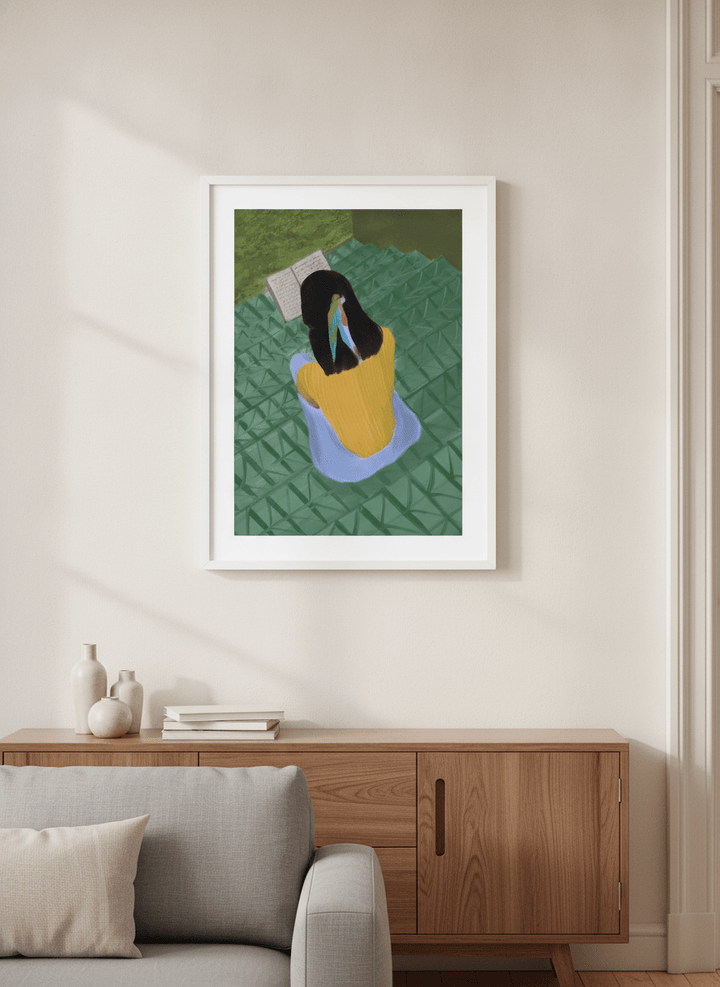 Artwork displayed above a credenza in a real-looking contemporary home