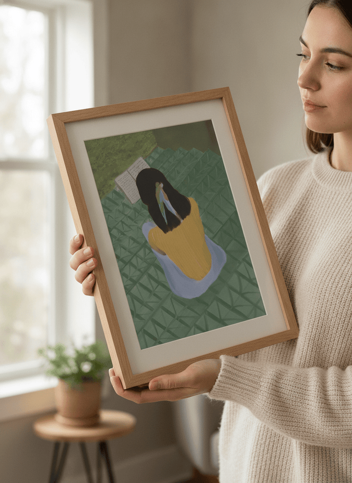 Person showcasing the artwork against a clean modern interior wall