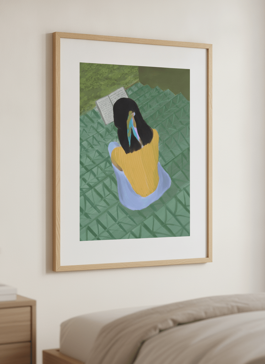 Minimalist artwork displayed in a calm, light-filled bedroom interior