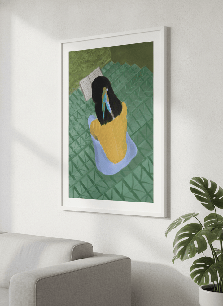 Modern wall art styled above a sofa in a neutral living room