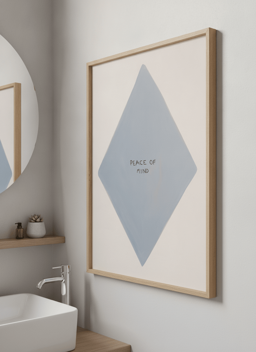 Modern print displayed in a clean minimalist bathroom setting