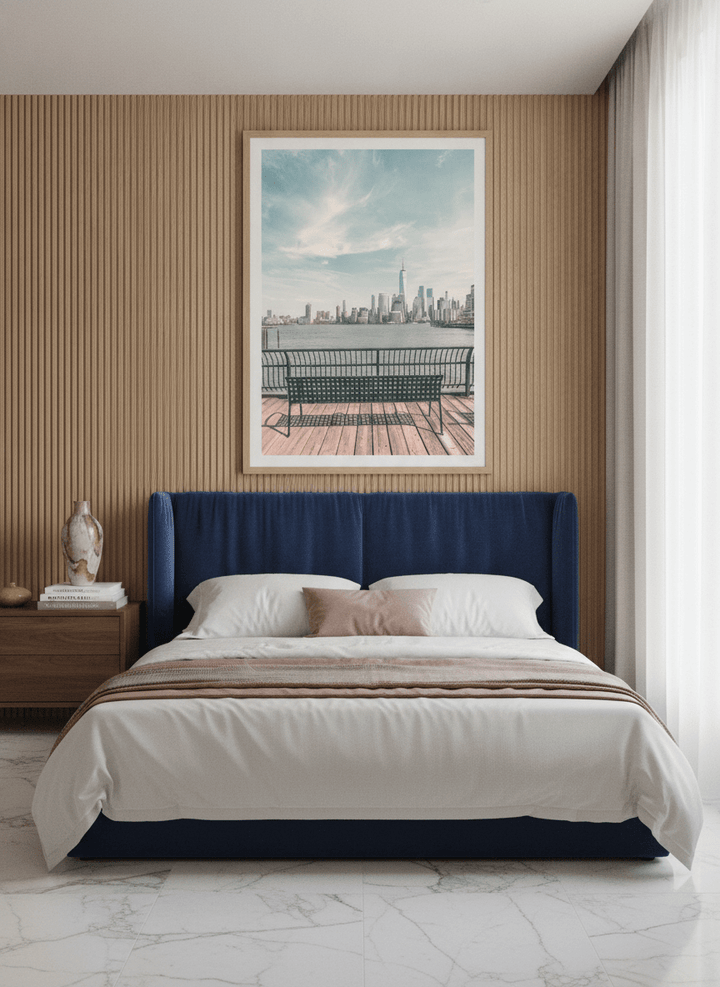 Oversized statement modern wall art print styled on the wall in a luxe bedroom
