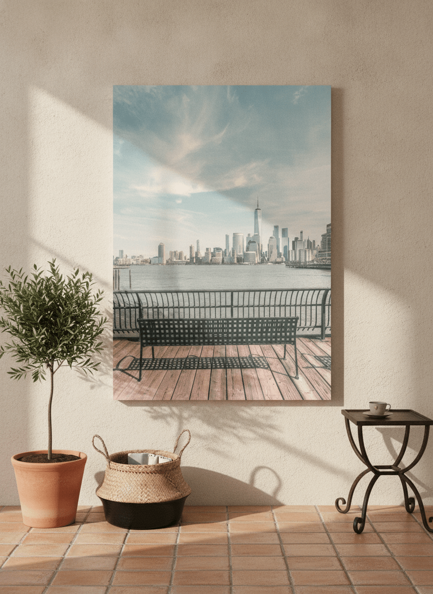Stretched canvas wall art leaning against the wall in a Mediterranean bedroom