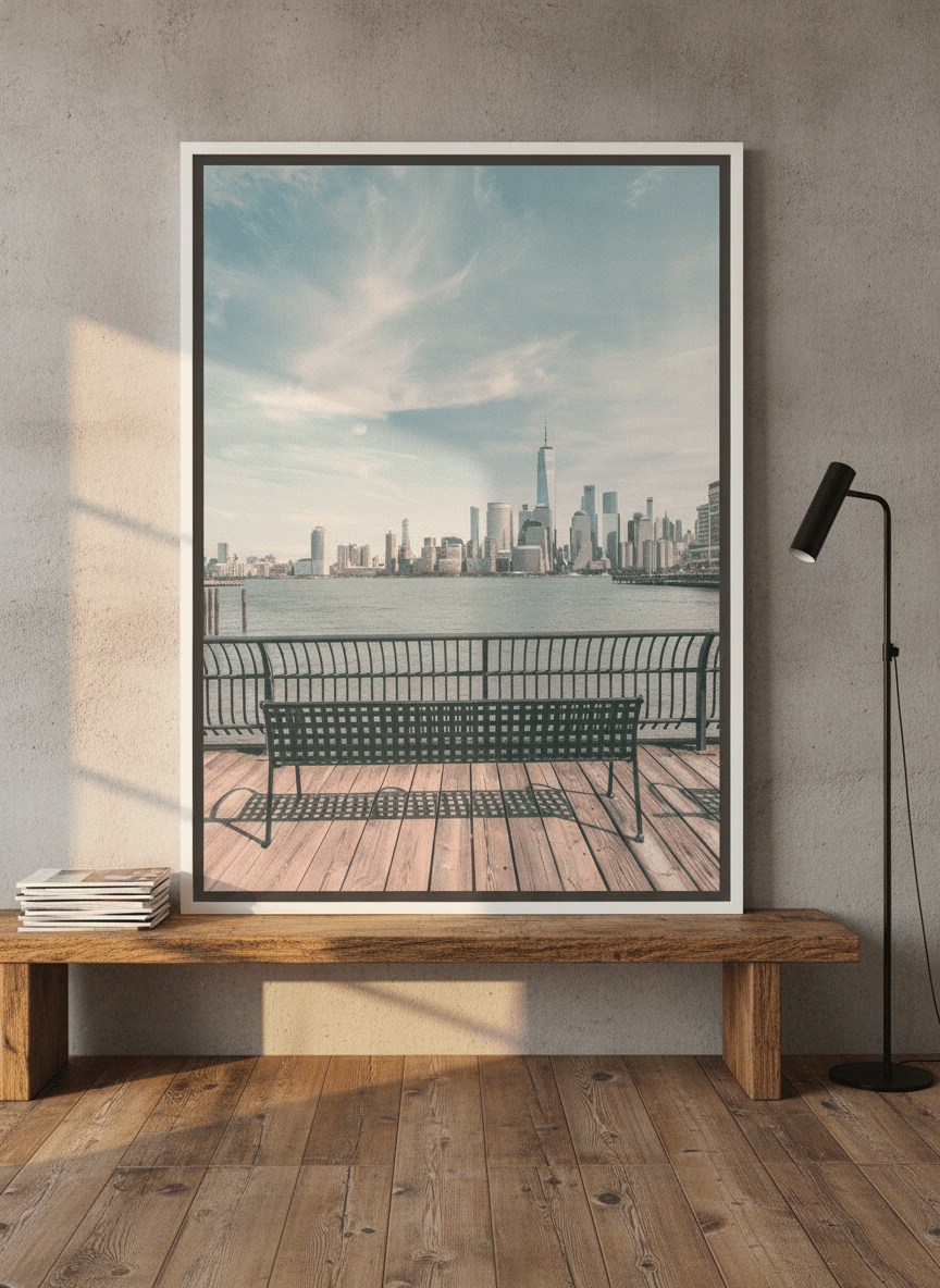 Canvas wall art with a white surround standing on a bench in an industrial loft home office