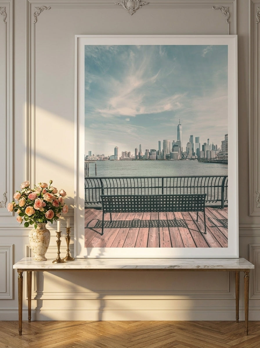 Modern wall art print standing on a console in a Parisian home office