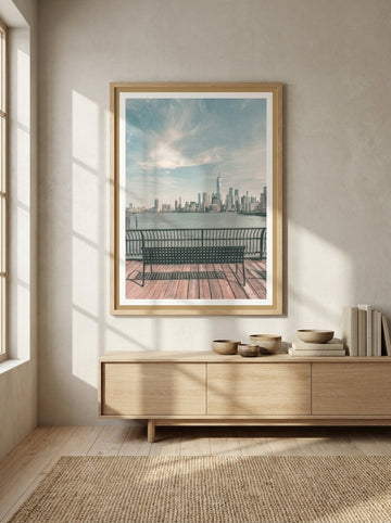 Modern wall art print styled on the wall in a warm Japandi living room
