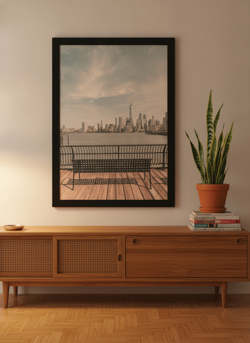 Modern wall art print styled on the wall in a mid-century living room