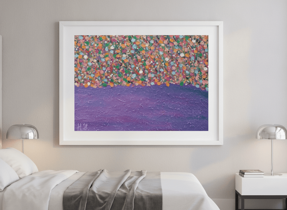 Minimalist artwork displayed in a calm, light-filled bedroom interior