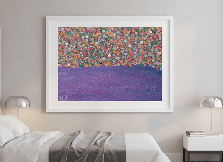 Minimalist artwork displayed in a calm, light-filled bedroom interior