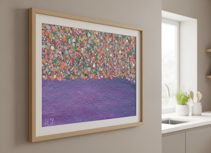 Artwork styled on the wall of a bright modern kitchen
