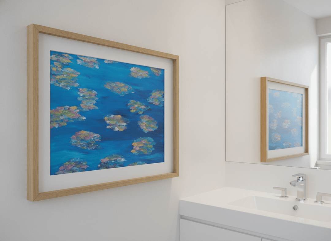 Modern print displayed in a clean minimalist bathroom setting