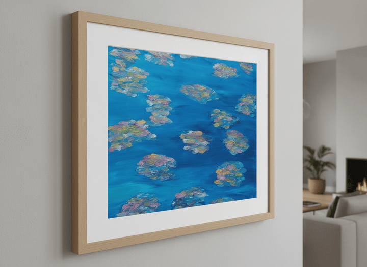 Modern wall art styled above a sofa in a neutral living room