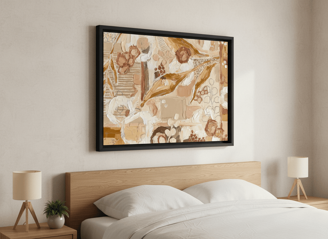 Minimalist artwork displayed in a calm, light-filled bedroom interior