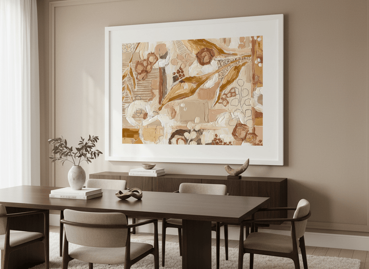 Monumental artwork centred on a feature wall in a luxe interior
