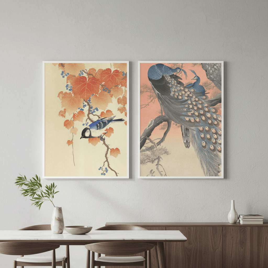Peacock and Japanese Bird Woodblock Prints Duo by Ohara Koson wall - art - picture - poster