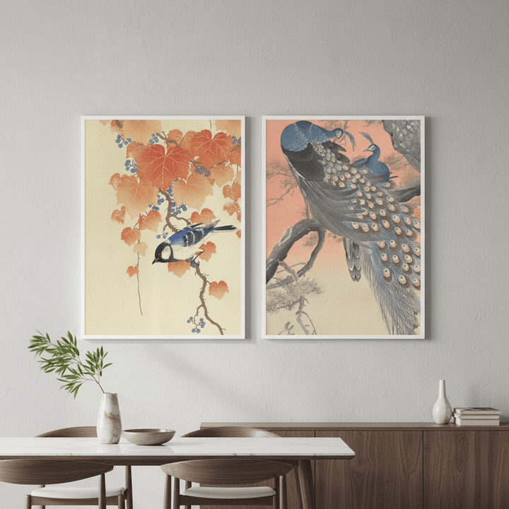 Peacock and Japanese Bird Woodblock Prints Duo by Ohara Koson wall - art - picture - poster