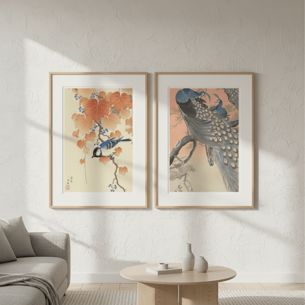 Peacock and Japanese Bird Woodblock Prints Duo by Ohara Koson wall - art - picture - poster
