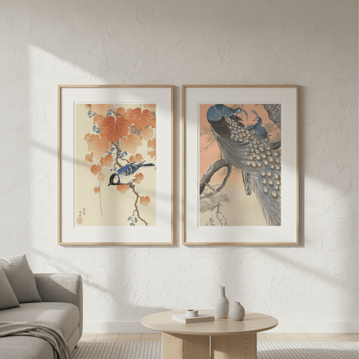 Peacock and Japanese Bird Woodblock Prints Duo by Ohara Koson wall - art - picture - poster