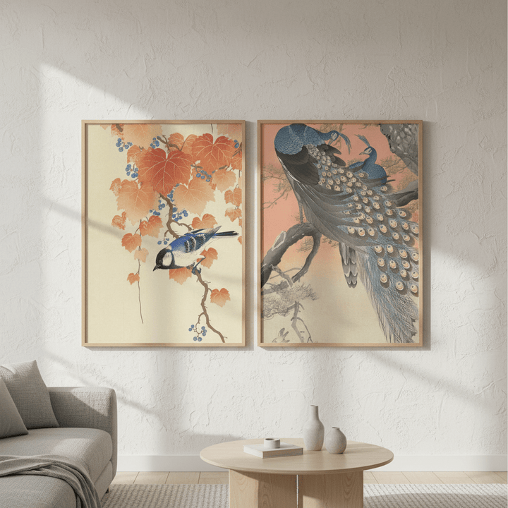Peacock and Japanese Bird Woodblock Prints Duo by Ohara Koson wall - art - picture - poster
