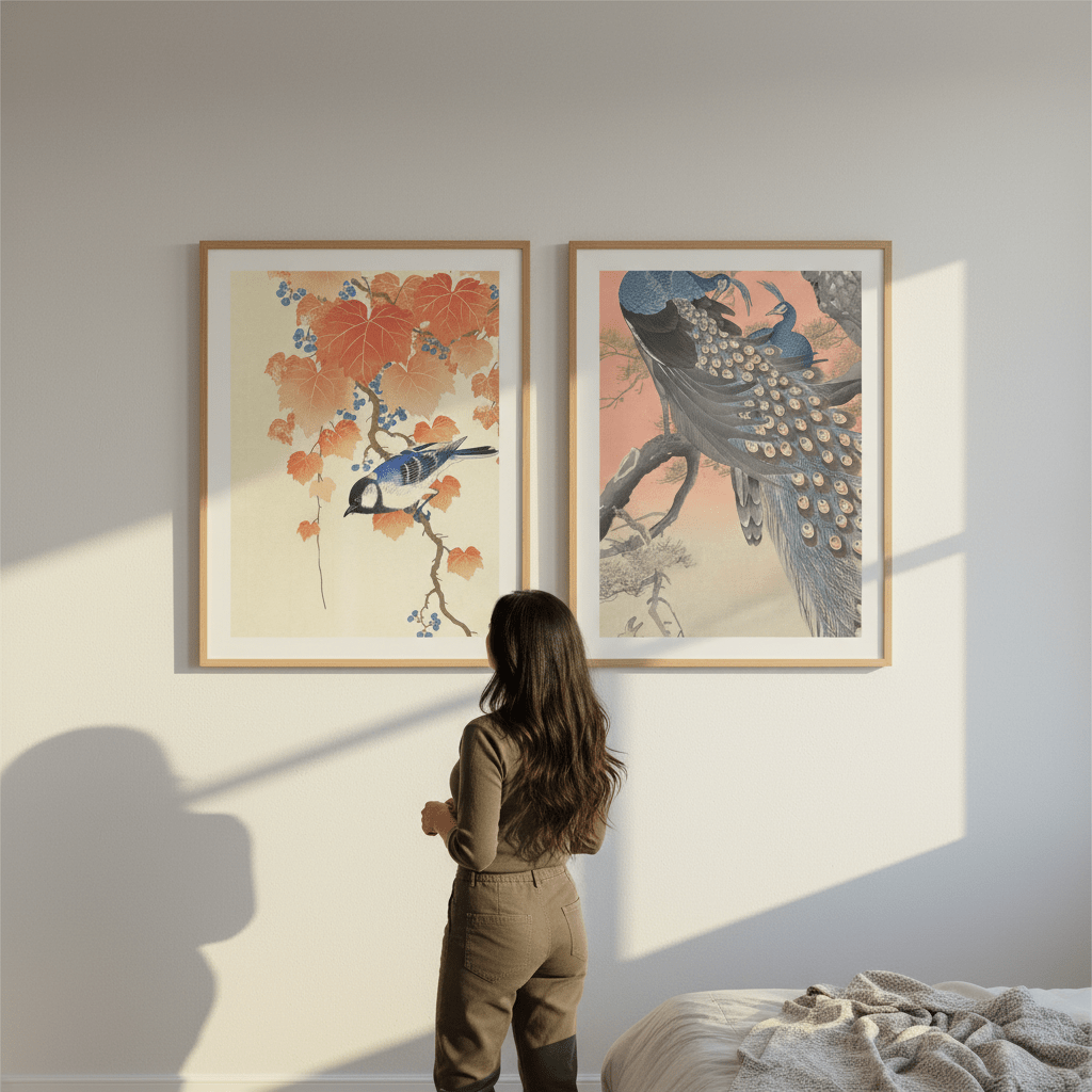 Peacock and Japanese Bird Woodblock Prints Duo by Ohara Koson wall - art - picture - poster
