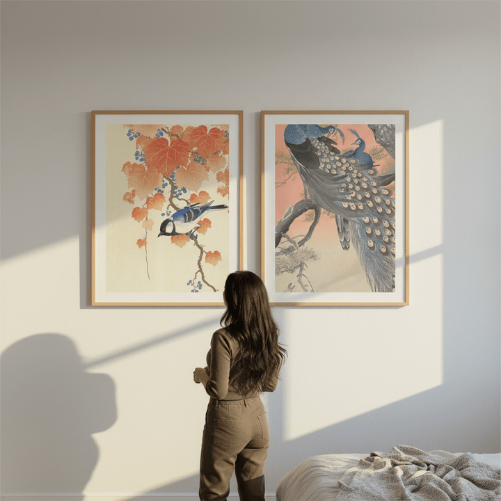 Peacock and Japanese Bird Woodblock Prints Duo by Ohara Koson wall - art - picture - poster