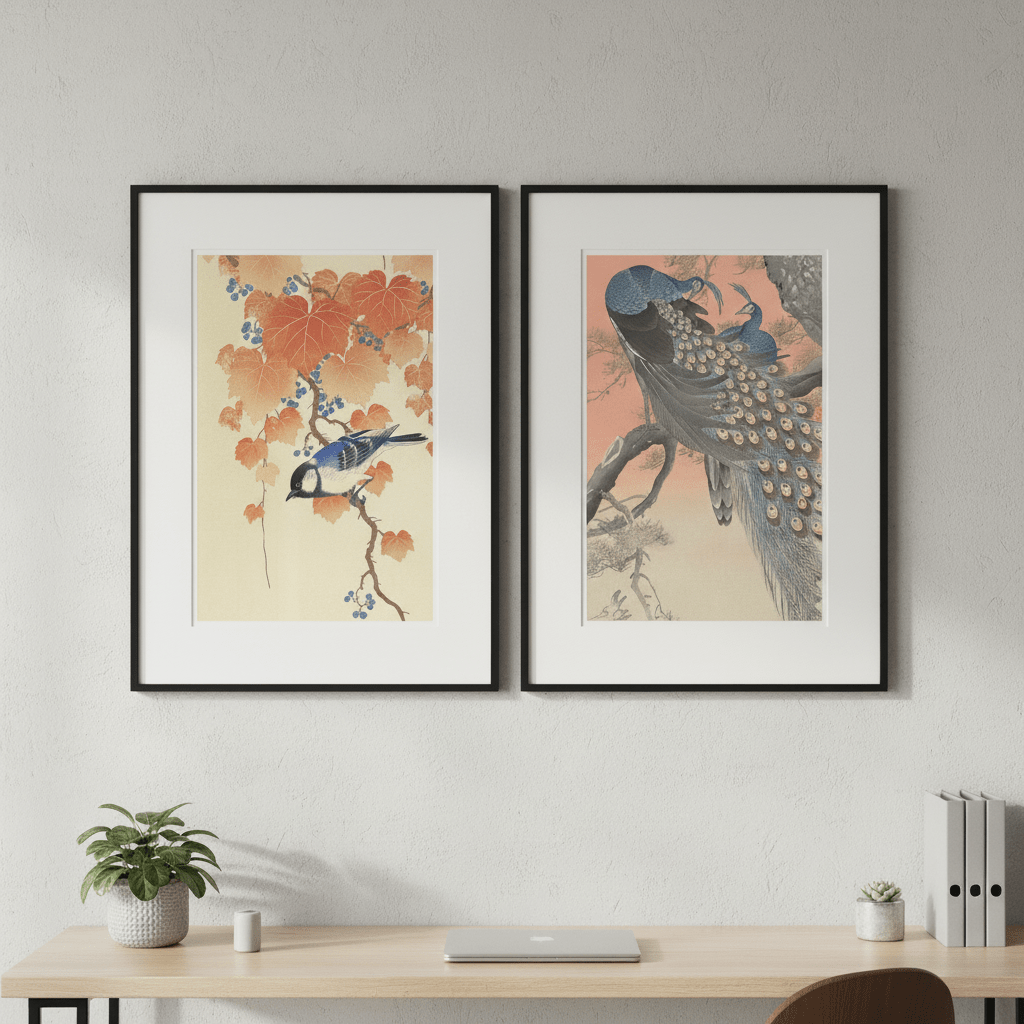Peacock and Japanese Bird Woodblock Prints Duo by Ohara Koson wall - art - picture - poster