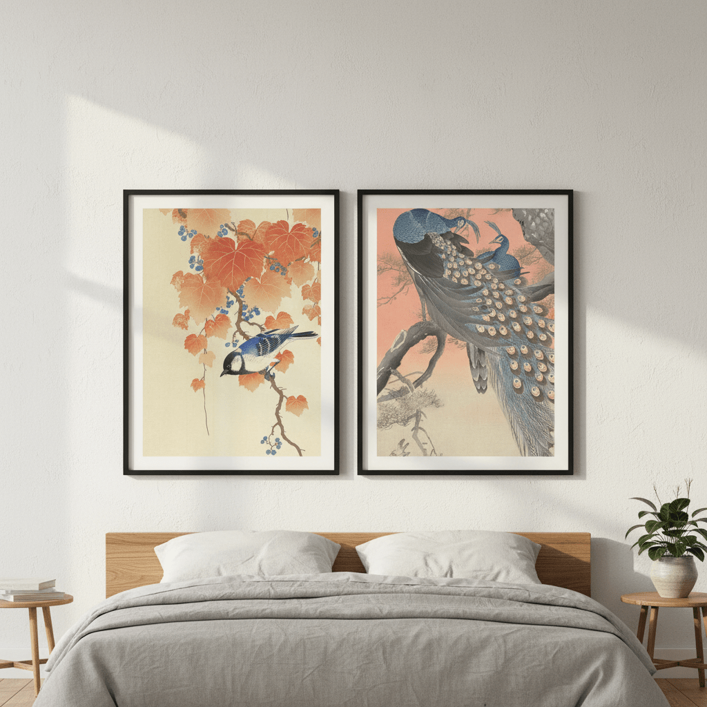 Peacock and Japanese Bird Woodblock Prints Duo by Ohara Koson wall - art - picture - poster