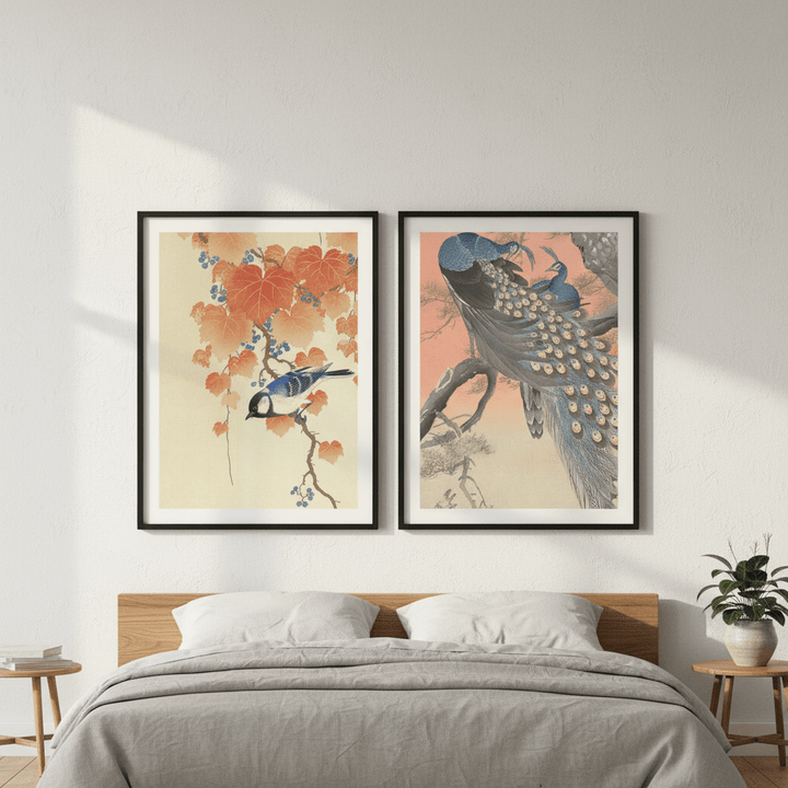Peacock and Japanese Bird Woodblock Prints Duo by Ohara Koson wall - art - picture - poster
