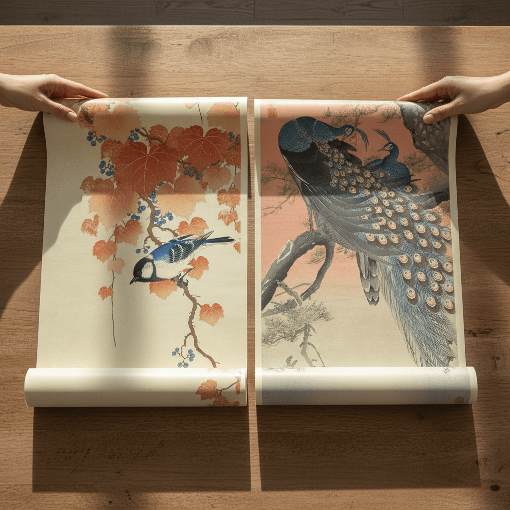Peacock and Japanese Bird Woodblock Prints Duo by Ohara Koson wall - art - picture - poster