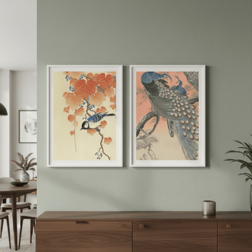 Peacock and Japanese Bird Woodblock Prints Duo by Ohara Koson wall - art - picture - poster