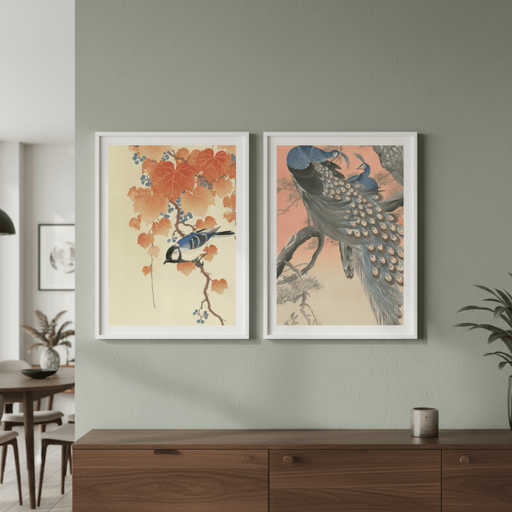 Peacock and Japanese Bird Woodblock Prints Duo by Ohara Koson wall - art - picture - poster