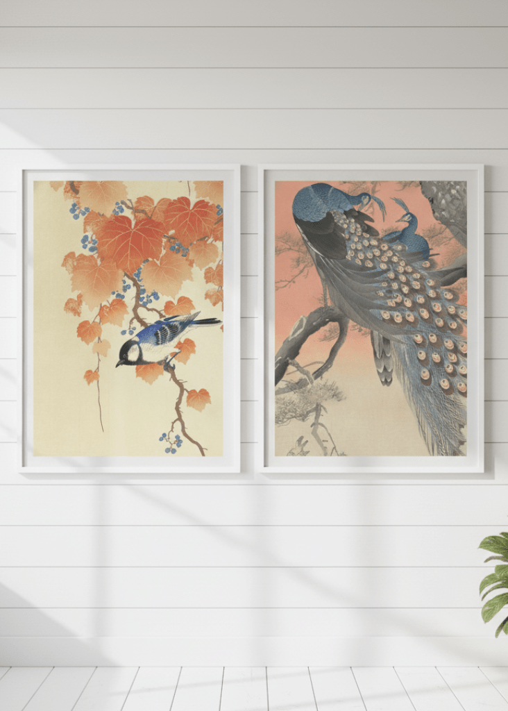 Peacock and Japanese Bird Woodblock Prints Duo by Ohara Koson