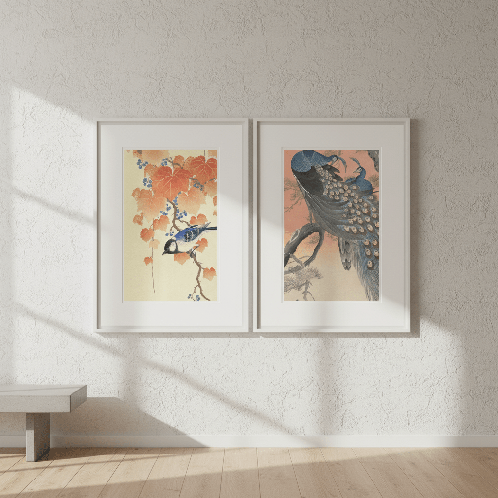Peacock and Japanese Bird Woodblock Prints Duo by Ohara Koson wall - art - picture - poster