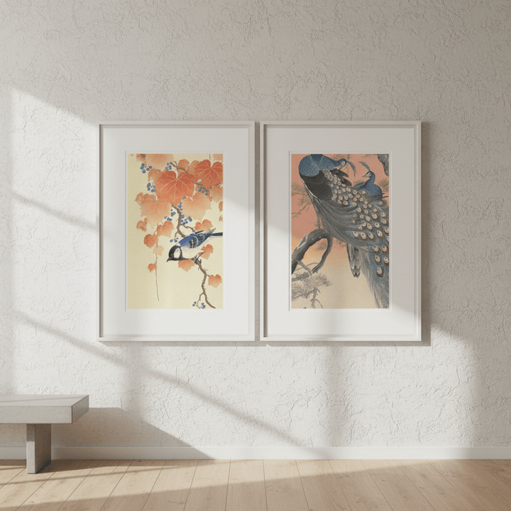 Peacock and Japanese Bird Woodblock Prints Duo by Ohara Koson wall - art - picture - poster