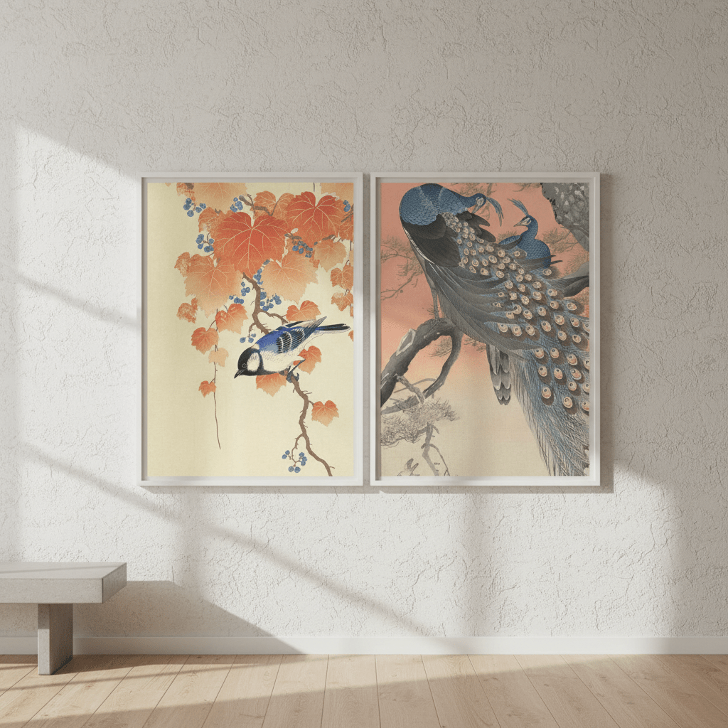 Peacock and Japanese Bird Woodblock Prints Duo by Ohara Koson wall - art - picture - poster