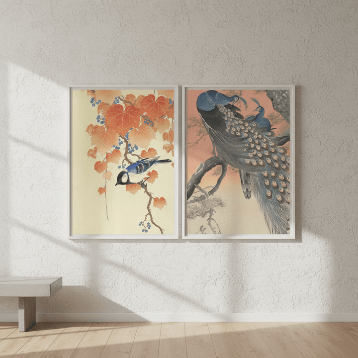 Peacock and Japanese Bird Woodblock Prints Duo by Ohara Koson wall - art - picture - poster